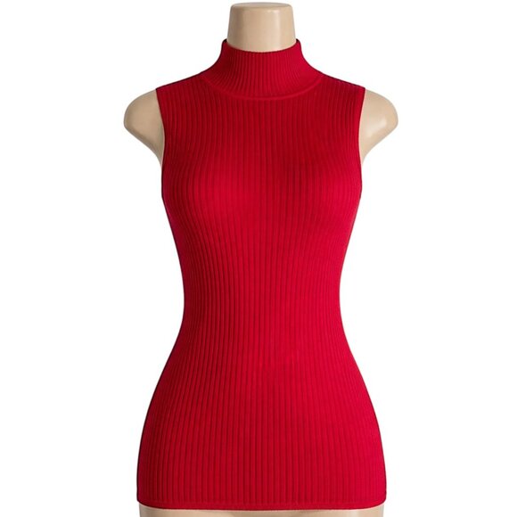 Madison Grey Tops - Madison Grey Red Ribbed Sleeveless Turtleneck Top Stretch Knit Blouse Size XL
